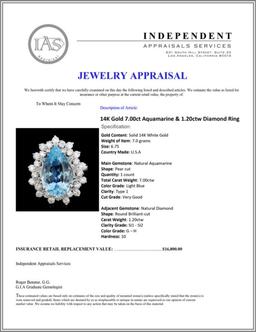 14K Gold 7.00ct Aquamarine & 1.20ctw Diamond Ring