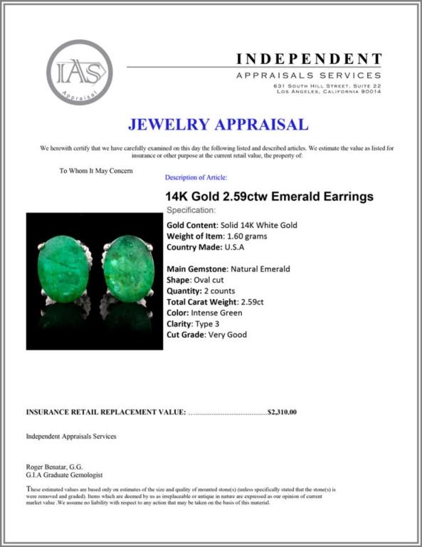 14K Gold 2.59ctw Emerald Earrings