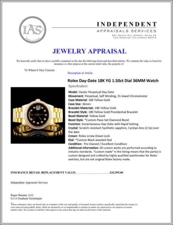 Rolex Day-Date 18K YG Diamond 36MM Watch