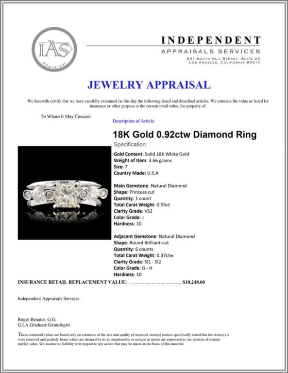 18K Gold 0.92ctw Diamond Ring