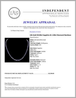 14k Gold 30.00ct Sapphire & 1.00ct Diam Necklace