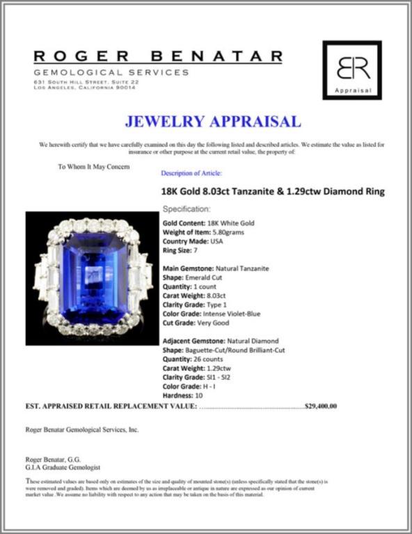 18K Gold 8.03ct Tanzanite & 1.29ctw Diamond Ring