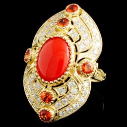 14K Gold 3.02ct Coral & 1.35ctw Diamond Ring