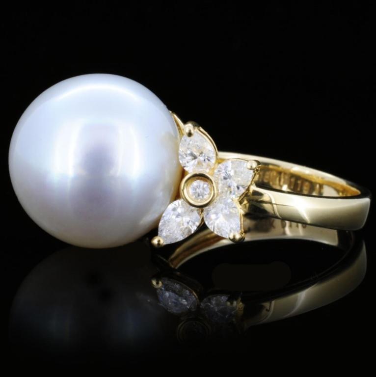 18K Gold 15mm South Sea Pearl & 1.24ct Diamond Rin