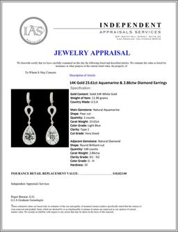 14K Gold 23.61ct Aquamarine & 2.86ctw Diamond Earr