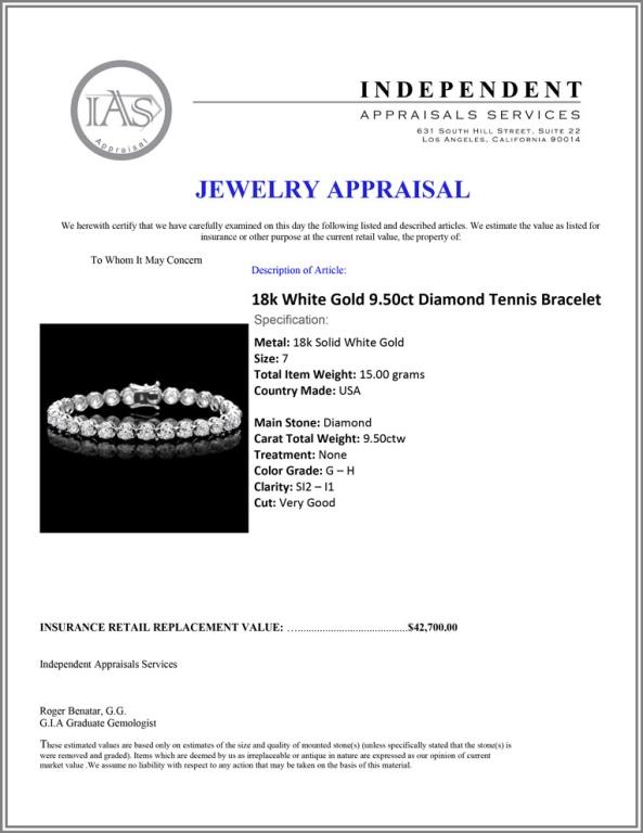 18k White Gold 9.50ct Diamond Tennis Bracelet