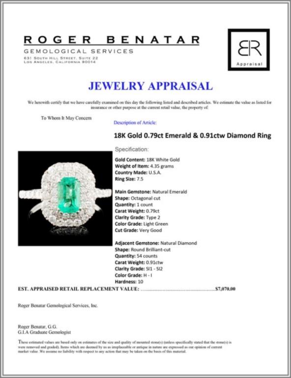 18K Gold 0.79ct Emerald & 0.91ctw Diamond Ring