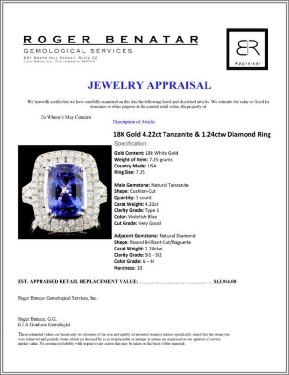 18K Gold 4.22ct Tanzanite & 1.24ctw Diamond Ring