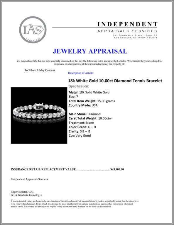 ^18k White Gold 10.00ct Diamond Tennis Bracelet