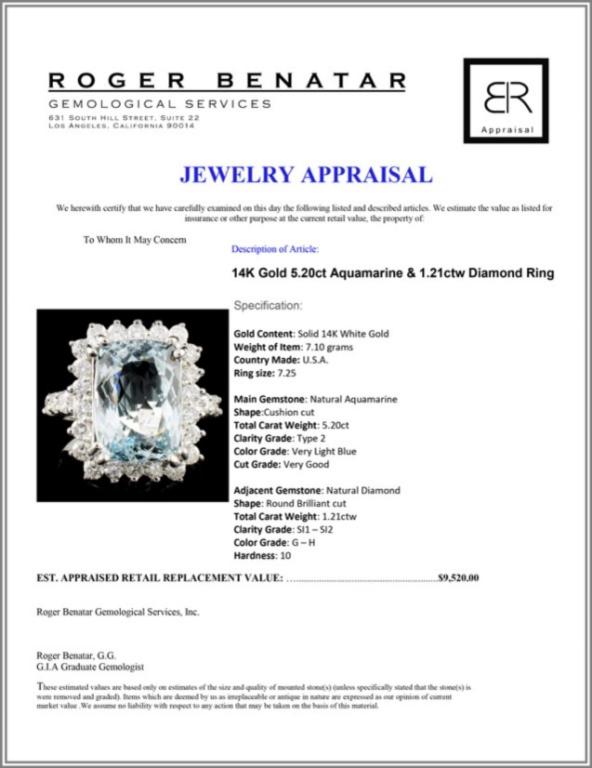 14K Gold 5.20ct Aquamarine & 1.21ctw Diamond Ring