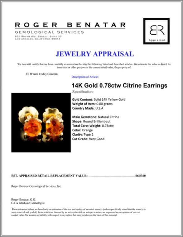 14K Gold 0.78ctw Citrine Earrings
