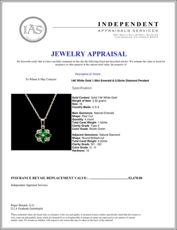 14K Gold 1.50ct Emerald & 0.20ct Diamond Pendant