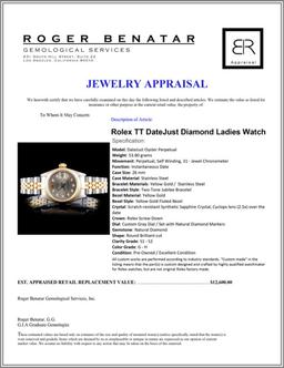 Rolex YG/SS DateJust Diamond Ladies Watch