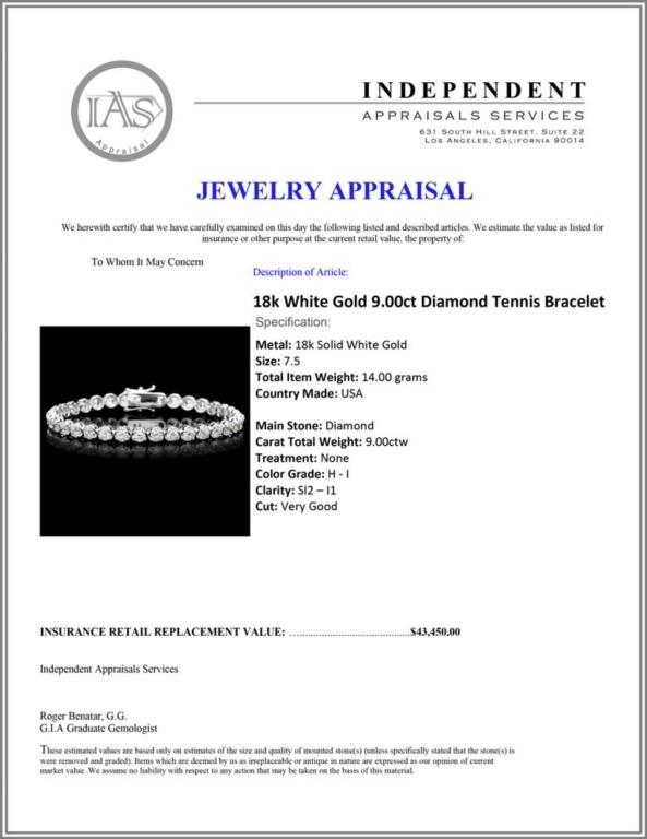 18k White Gold 9.00ct Diamond Tennis Bracelet