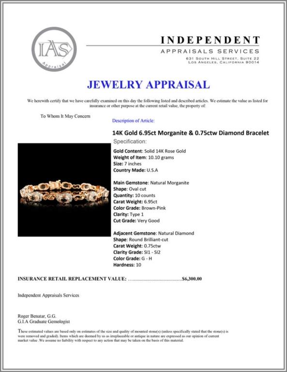 14K Gold 6.95ct Morganite & 0.75ctw Diamond Bracel