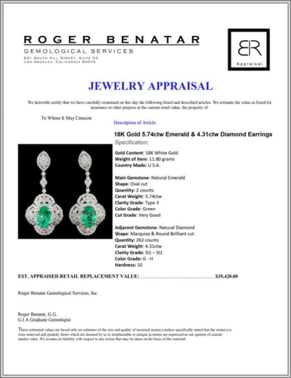 18K Gold 5.74ctw Emerald & 4.31ctw Diamond Earring