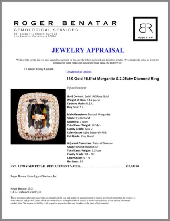 14K Gold 16.51ct Morganite & 2.05ctw Diamond Ring