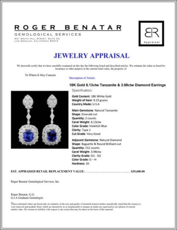 18K Gold 6.13ctw Tanzanite & 3.98ctw Diamond Earri