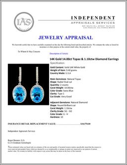 14K Gold 14.00ct Topaz & 1.10ctw Diamond Earrings