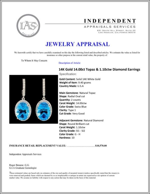 14K Gold 14.00ct Topaz & 1.10ctw Diamond Earrings