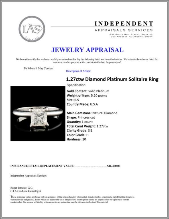 1.27ctw Diamond Platinum Solitaire Ring