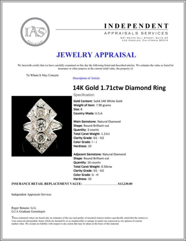 14K Gold 1.71ctw Diamond Ring