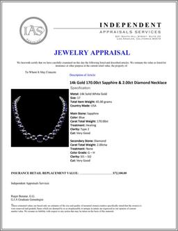 14k Gold 170.00ct Sapphire & 2.00ct Diamond Neckl