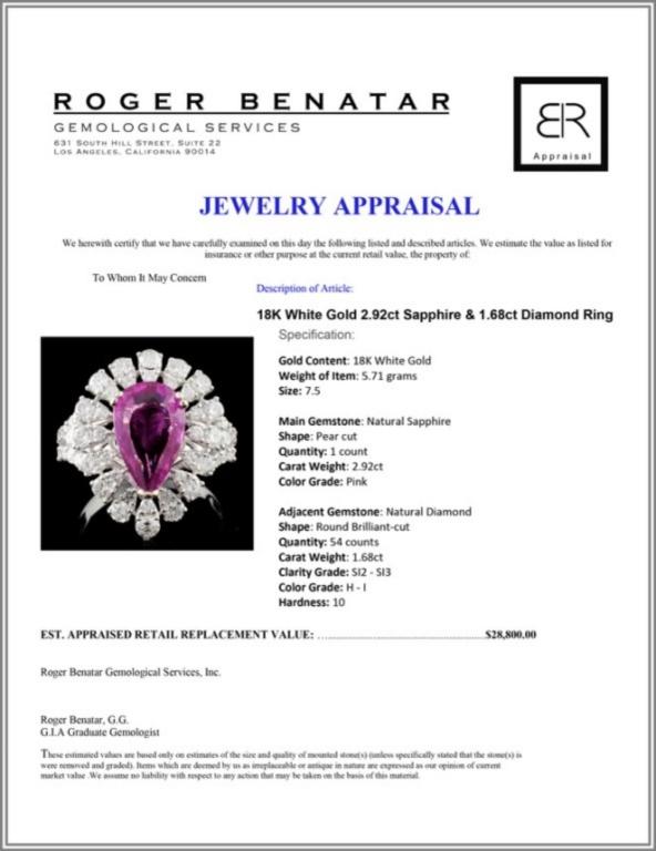 18K W Gold 2.92ct Sapphire & 1.68ct Diamond Ring