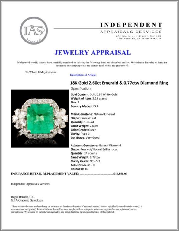 18K Gold 2.60ct Emerald & 0.77ctw Diamond Ring