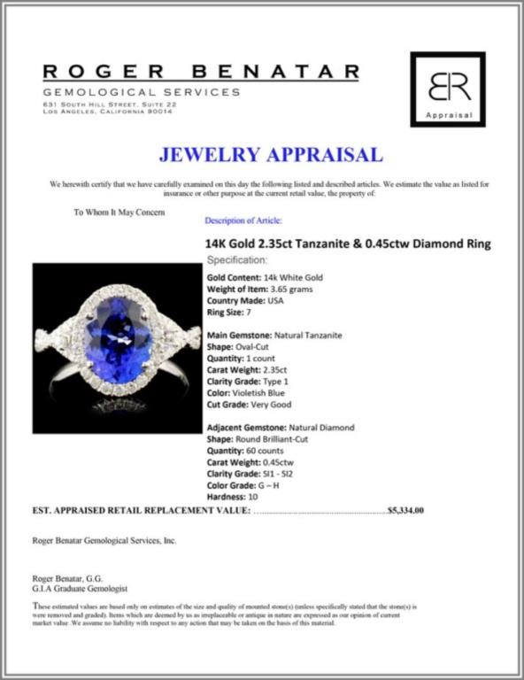 14K Gold 2.35ct Tanzanite & 0.45ctw Diamond Ring