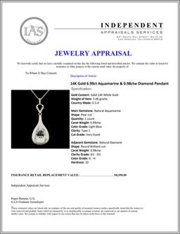 14K Gold 6.99ct Aquamarine & 0.98ctw Diamond Penda
