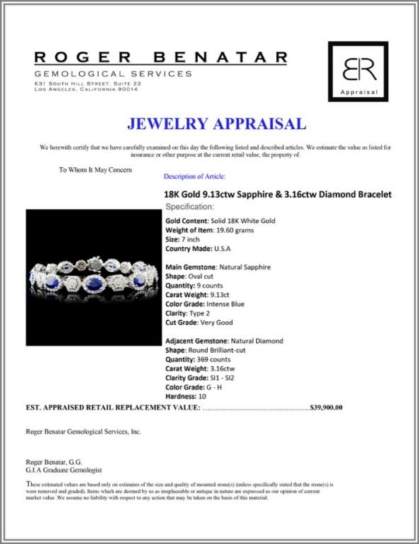 18K Gold 9.13ctw Sapphire & 3.16ctw Diamond Bracel