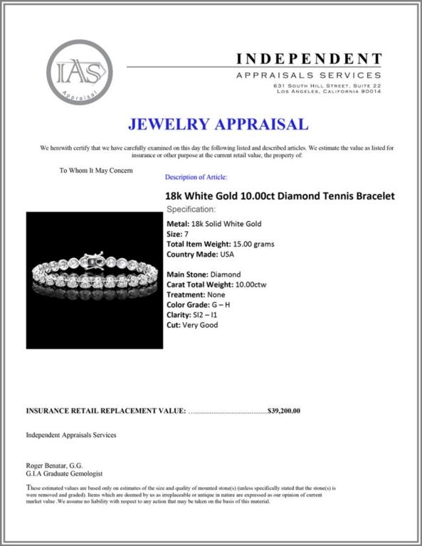 18k White Gold 10.00ct Diamond Tennis Bracelet