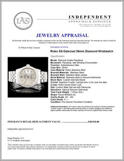 Rolex SS DateJust 36mm Diamond Wristwatch