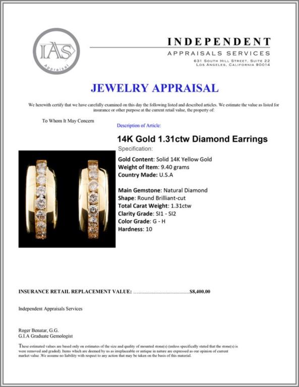 14K Gold 1.31ctw Diamond Earrings