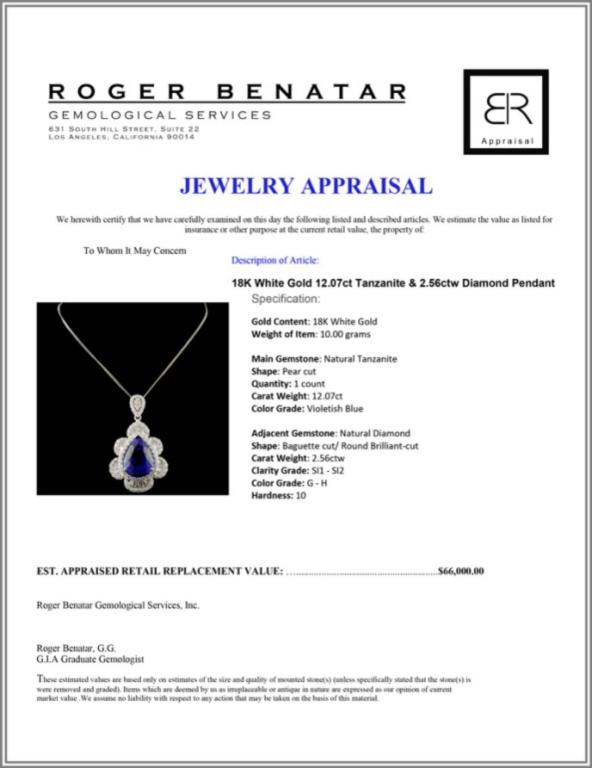 18K White Gold 12.07ct Tanzanite & 2.56ctw Diamond