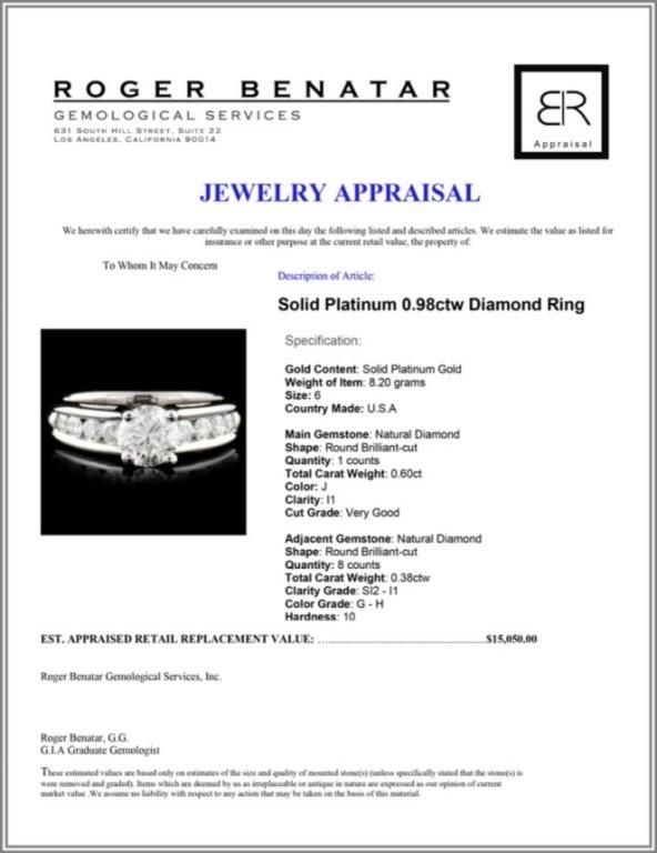 Solid Platinum 0.98ctw Diamond Ring