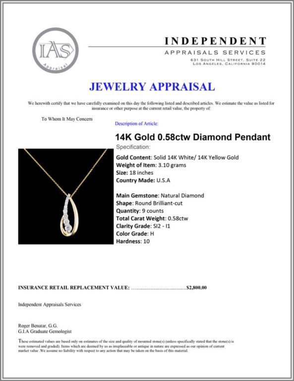 14K Gold 0.58ctw Diamond Pendant