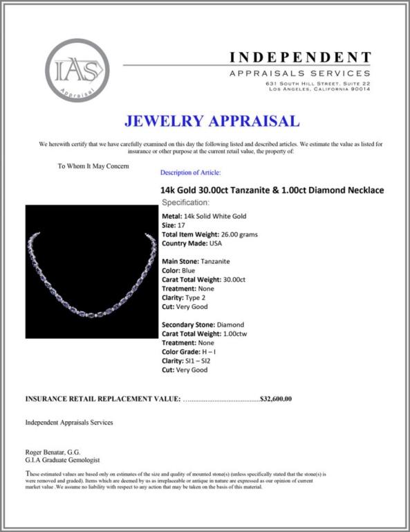 14k Gold 30.00ct Tanzanite & 1.00ct Diamond Neckl