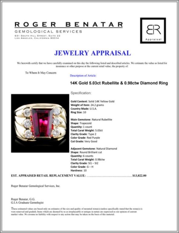 14K Gold 5.03ct Rubellite & 0.98ctw Diamond Ring
