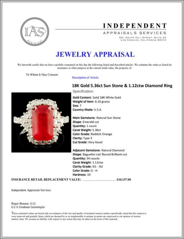 18K Gold 5.36ct Sun Stone & 1.12ctw Diamond Ring