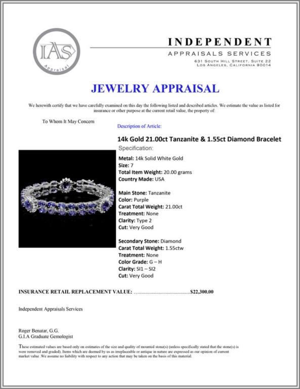 14k Gold 21.00ct Tanzanite & 1.55ct Diamond Brace