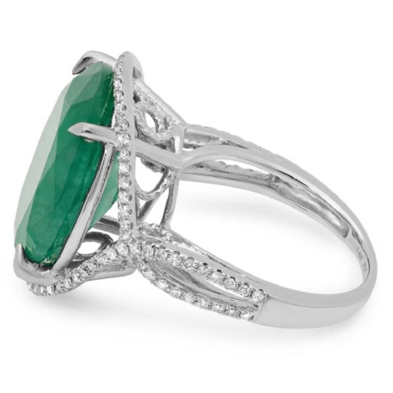 14K Gold 10.50ct Emerald & 0.30ct Diamond Ring