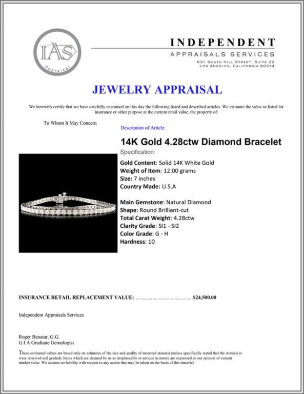 14K Gold 4.28ctw Diamond Bracelet