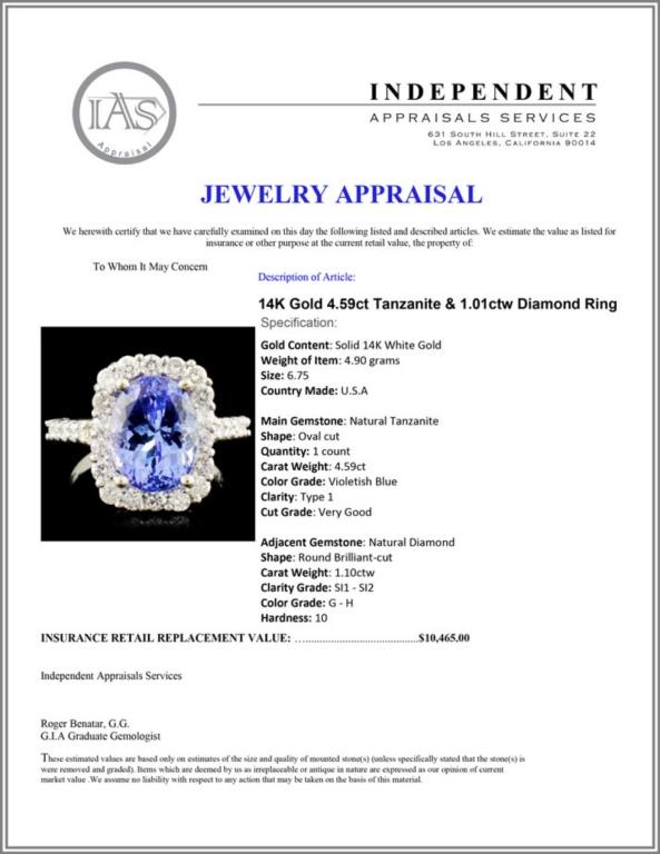 14K Gold 4.59ct Tanzanite & 1.01ctw Diamond Ring