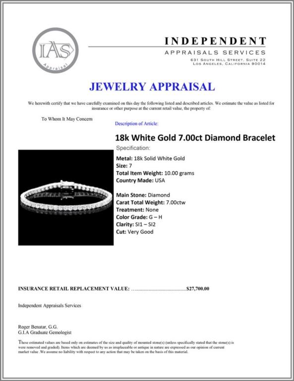^18k White Gold 7.00ct Diamond Bracelet