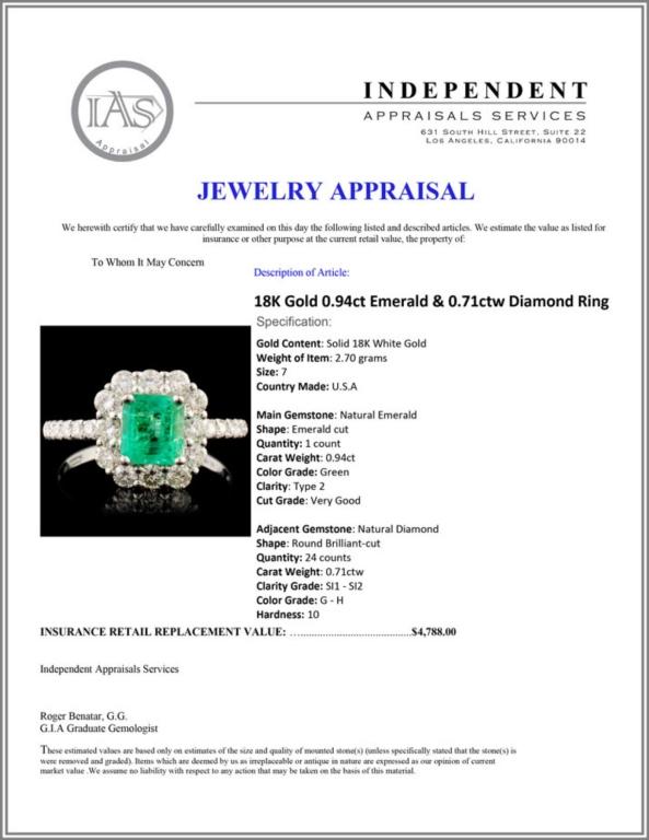 18K Gold 0.94ct Emerald & 0.71ctw Diamond Ring