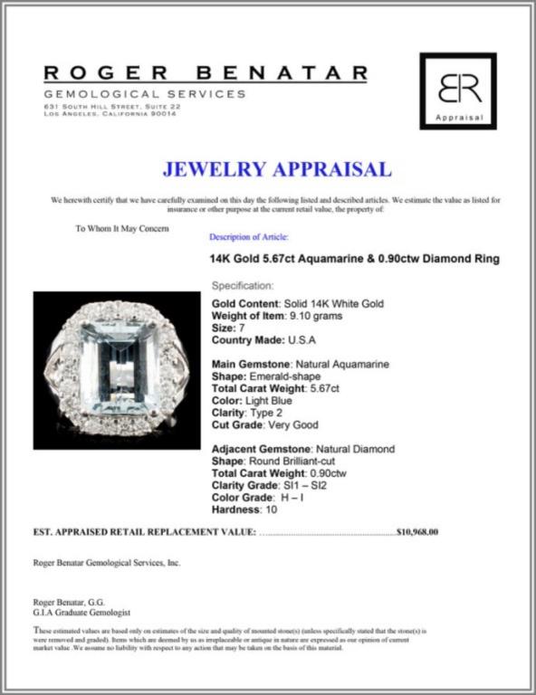 14K Gold 5.67ct Aquamarine & 0.90ctw Diamond Ring