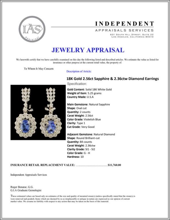 18K Gold 2.56ct Sapphire & 2.36ctw Diamond Earring