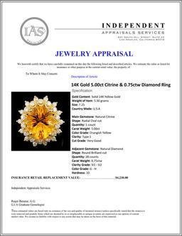 14K Gold 5.00ct Citrine & 0.75ctw Diamond Ring